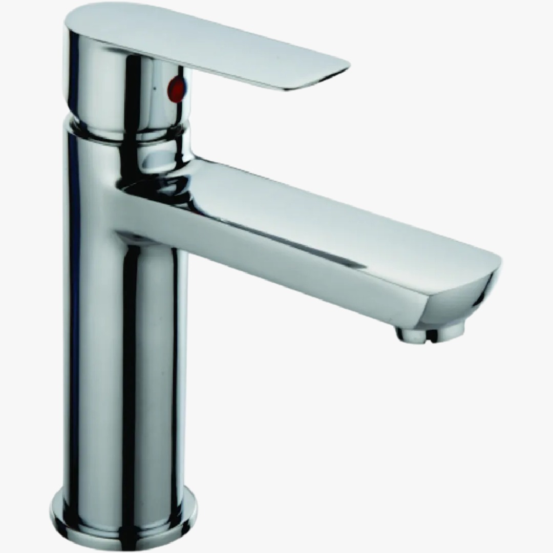 Contemporary bathroom basin mixer with smooth water flow control.